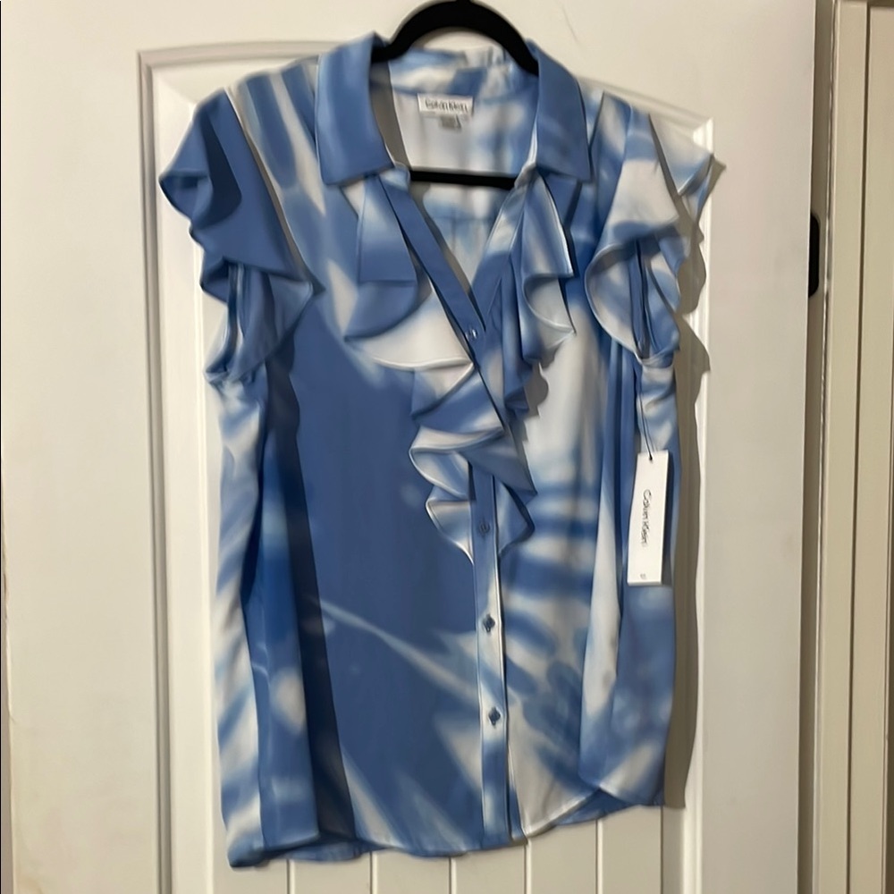 Calvin Klein Blue Sleeveless Ruffled Blouse